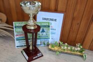 Ein Pokal, eine Urkunde, ein Gutschein und ein Holzbrett mit Holzblumen