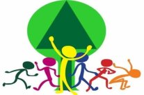Logo der Waldjugendspiele. Kinder laufen vor einem Baum.