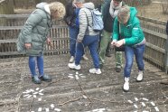 Zettel liegen auf einem Holzboden im Freien. Frauen legen Äste zwischen die einzelnen Zettel.
