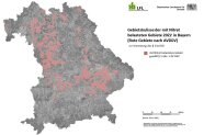 Bayernkarte mit rot eingezeichneten Gebieten und Schriftzug "Gebietskulisse der mit Nitrat belasteten Gebiete"