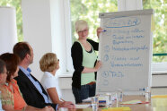 Frau steht an Flipchart und spricht zu mehreren Personen an Konferenztisch